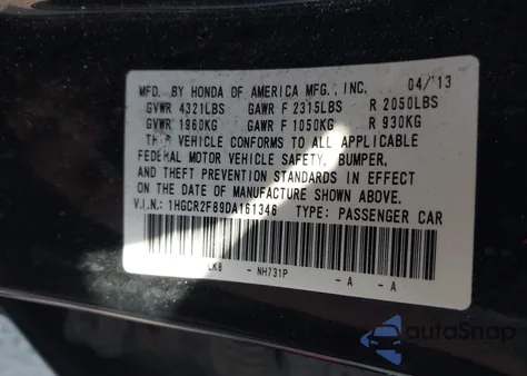 2013 Honda Accord Ex-L z USA, uszkodzony, nr VIN 1HGCR2F89DA161346